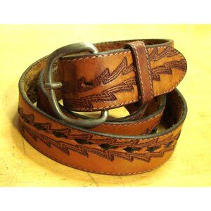 Rural King Mens Belt Tooled Brown Top Grain Leather Hand Laced Sz 46 Western USA